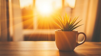 Fototapeta premium Sunrise through window, plant in cup
