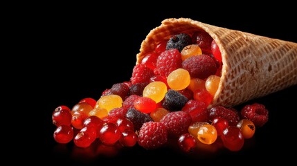 Waffle cone spills out colorful fruity candy in reds, yellows, and black, against a stark black background