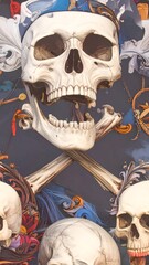 Skull, pirate-themed, ornate, decorative, grinning