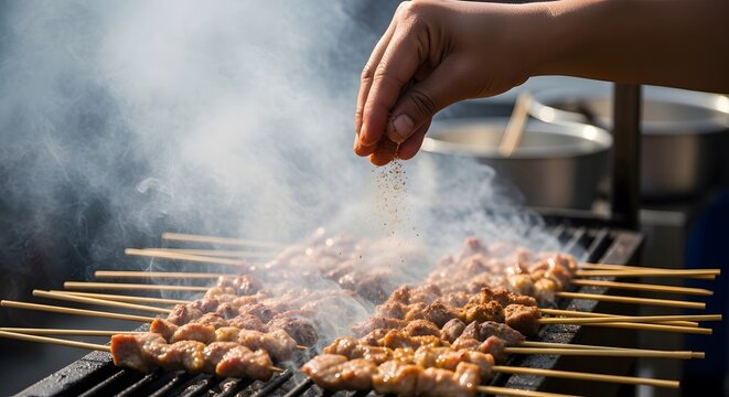 Expert hand carefully seasoning juicy meat skewers as they sizzle and smoke on a hot grill, capturing the essence of outdoor cooking and culinary preparation