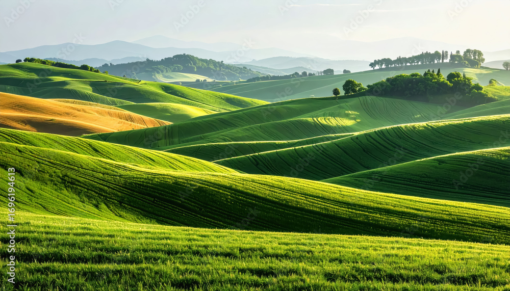 Poster expansive green field with rolling hills in the background under a clear blue sky featuring copy spa