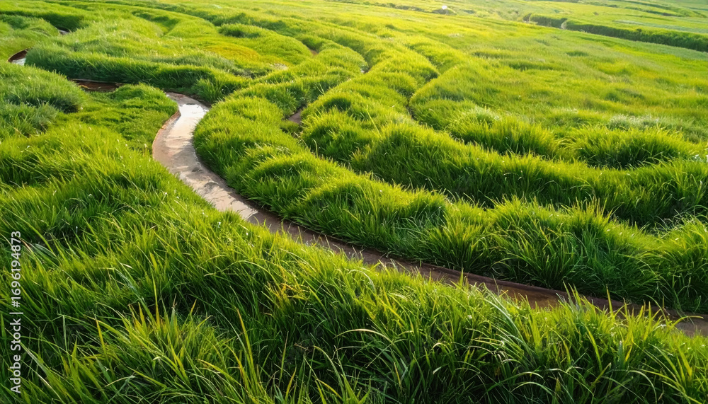 Poster a picturesque grassy field with a gentle stream running through it adding serenity and natural beaut