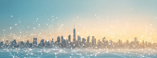 Blurred cityscape silhouette under a gradient sky, overlaid with a glowing network of interconnected nodes and lines