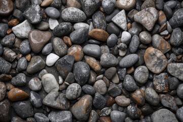A scattered assortment of smooth and coarse river rocks in multiple tones of gray, brown, and white lies on the surface