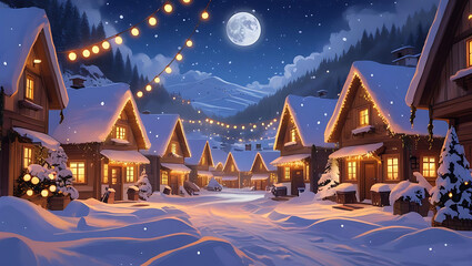 Urban city street glowing at night with Christmas lights and holiday celebration atmosphere