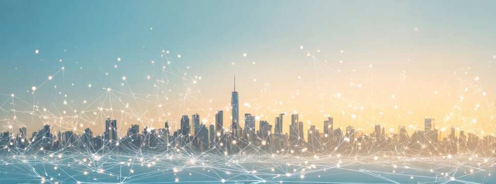 Blurred cityscape silhouette under a gradient sky, overlaid with a glowing network of interconnected nodes and lines