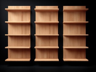 Three wooden shelves, each with three tiers, mounted against a dark gray wall, creating a clean, modern aesthetic