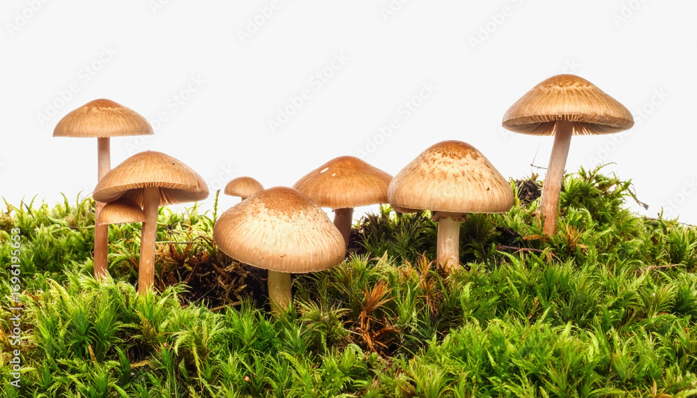 Poster close-up of wild mushrooms growing in a meadow of grass with generous copy space for text isolated o