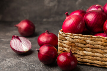 Shallot onion on the kitchen table. onion slice. onion rings. Fresh red Onion. Natural, fresh,...