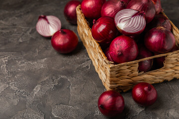 Shallot onion on the kitchen table. onion slice. onion rings. Fresh red Onion. Natural, fresh,...