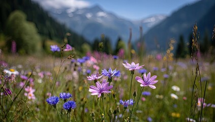 Obraz premium Colorful wildflowers bloom in a meadow, with mountains in the background