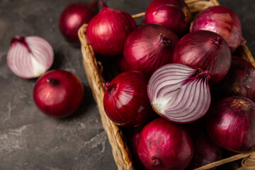 Shallot onion on the kitchen table. onion slice. onion rings. Fresh red Onion. Natural, fresh,...