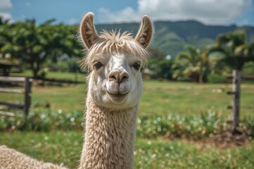 Obraz premium A llama grazes on lush grass in a colorful environment, bathed in bright sunshine and surrounded by rich foliage on a tropical island.