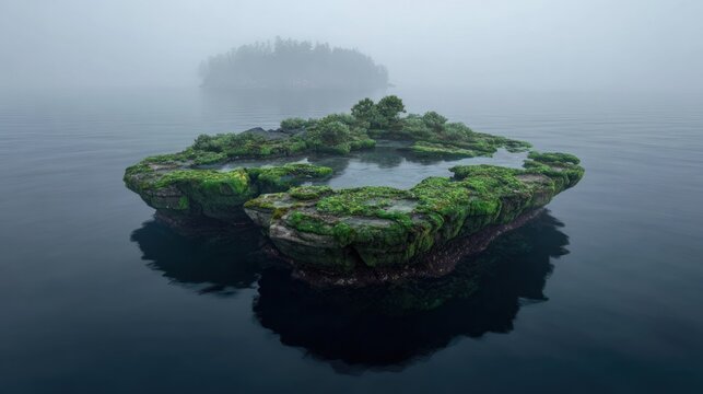Rock island with lush green vegetation sits amidst misty water, background island blurred