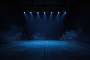 Empty stage with dark blue backdrop, neon lighting, spotlights, concrete floor, and smoky studio ambiance for product presentation