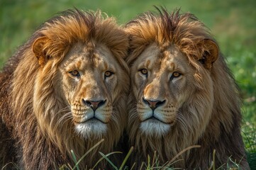 A stunning close-up of two male lions lying down with their heads gently pressed together, showcasing their thick manes