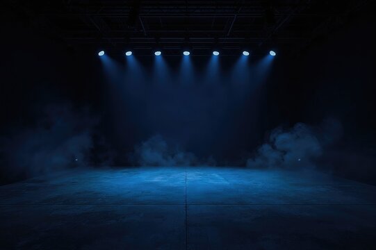Empty stage with dark blue backdrop, neon lighting, spotlights, concrete floor, and smoky studio ambiance for product presentation