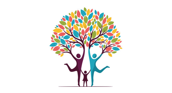 Abstract colorful tree symbolizing family growth and unity with vibrant leaves and silhouettes representing connection