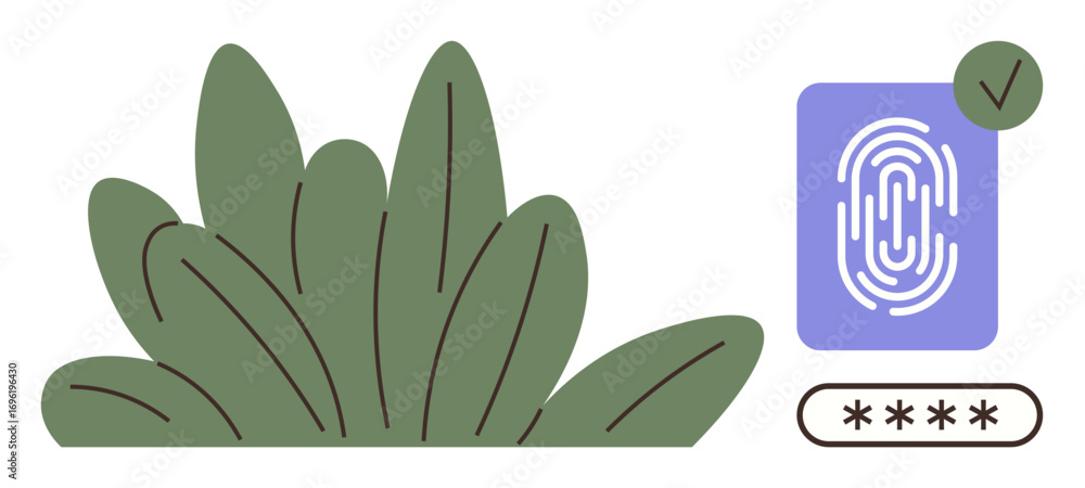 Poster green leafy elements paired with a fingerprint scan and password input field. ideal for security, te