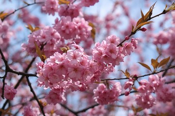 Obraz premium Vibrant pink blossoms of springtime on an ancient tree reaching towards the sky, showcasing beautiful nature and cherry flowers.