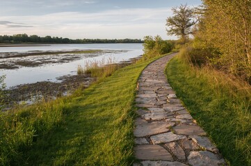 Fototapeta premium A stone and grassy trail bordering a marshy lake