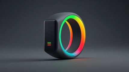 Sleek, minimalist wearable device featuring a glowing ring of rainbow colors on a dark gray background