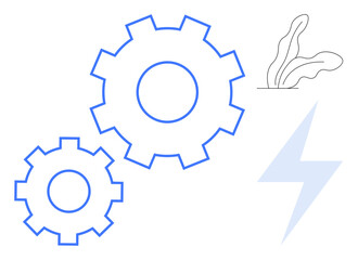 Two blue gears interlocking alongside a plant sprout and a lightning bolt, symbolizing innovation, energy, and sustainability. Ideal for technology, ecology, teamwork, engineering, progress growth