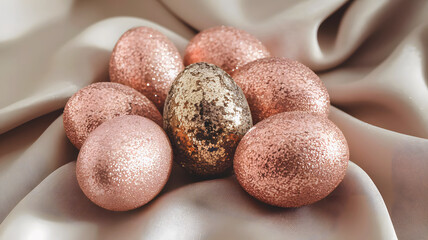 A beautiful arrangement of glittery pink and gold eggs displayed on luxurious silky fabric, creating an elegant and festive atmosphere.