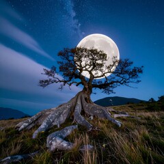 Ancient tree, full moon, starry night.  Vast roots, dark sky,  mountaintop