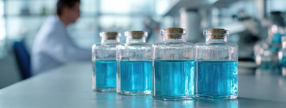 Several glass bottles filled with a light-blue liquid sit on a lab table, in front of a blurred scientist