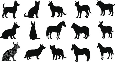 Obraz premium Silhouette of various animals, including dogs, horses, and rabbits, showcasing diverse shapes and forms in black 