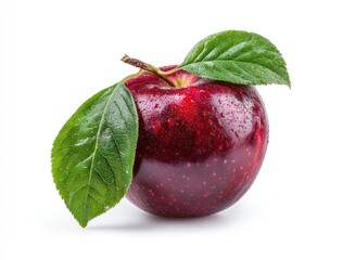 Fresh red apple with green leaves on a white background, water droplets accentuate its form