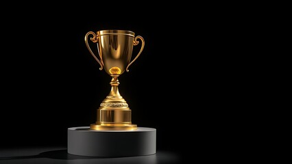 Golden trophy displayed elegantly on a pedestal against a dark backdrop.