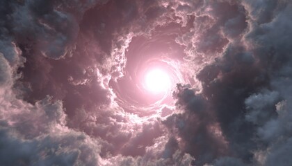 Dramatic clouds swirl around a bright, center light, forming a vortex effect in an atmospheric, ominous, grey sky