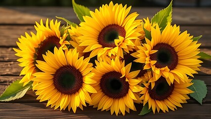 Fototapeta premium Sunflowers on a rustic wooden surface, warm golden hour light enhancing their natural beauty.