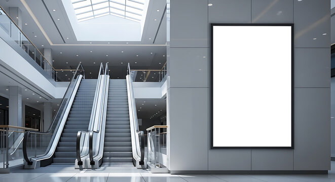 Illuminated blank billboard poster mockup stands in a modern shopping mall with escalators. - Powered by Adobe