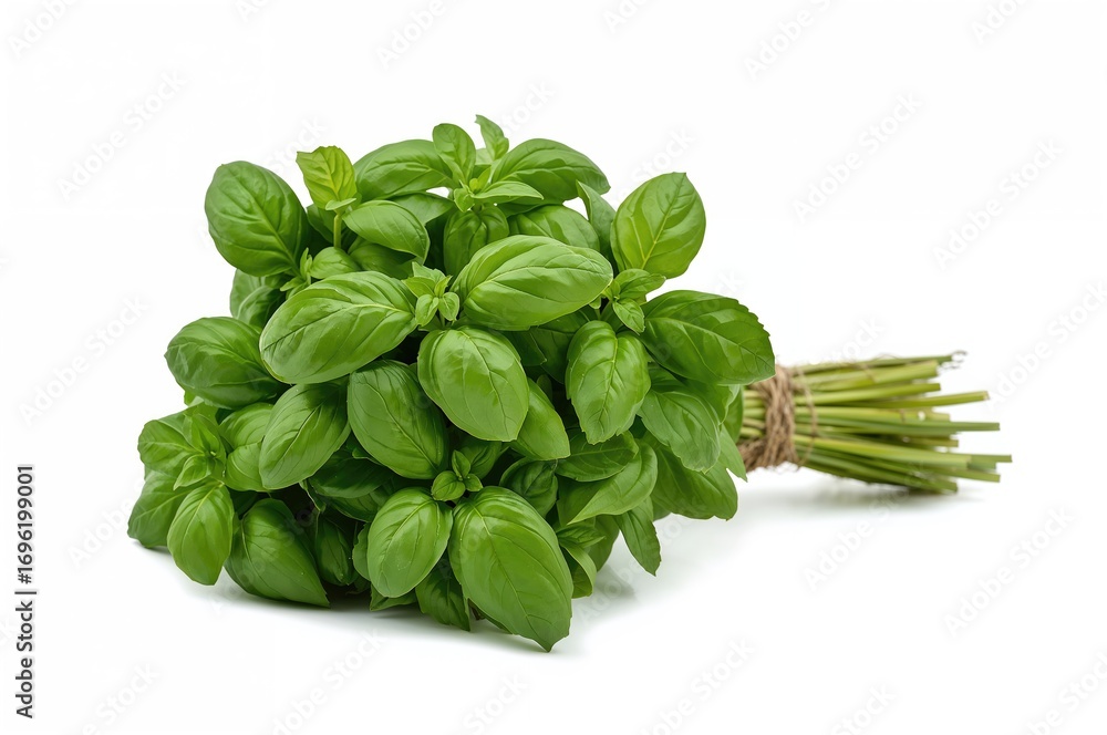 Aufkleber a bunch of fresh basil tied together with a string against a plain backdrop
