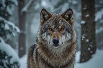 Obraz premium A big male gray wolf in a snowy woodland