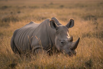 Obraz premium Massive rhinoceros lies down, displaying its impressive horn.