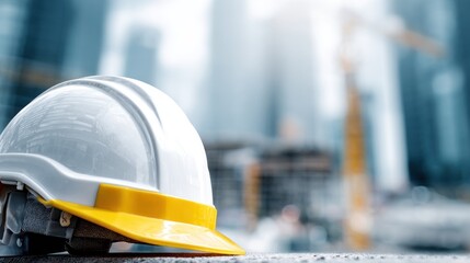 White hardhat rests on a surface against a blurred backdrop of tall buildings and a crane under construction on a sunny day