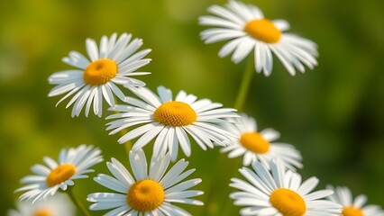 Fototapeta premium Close-up of fresh daisies with a soft green backdrop, natural light enhancing their delicate beauty.