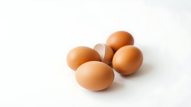Fresh brown eggs on a white background, emphasizing simplicity and natural food.