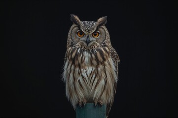 Fototapeta premium A detailed close-up of a large owl perched on a post, gazing intently forward with striking eyes against a dark background.
