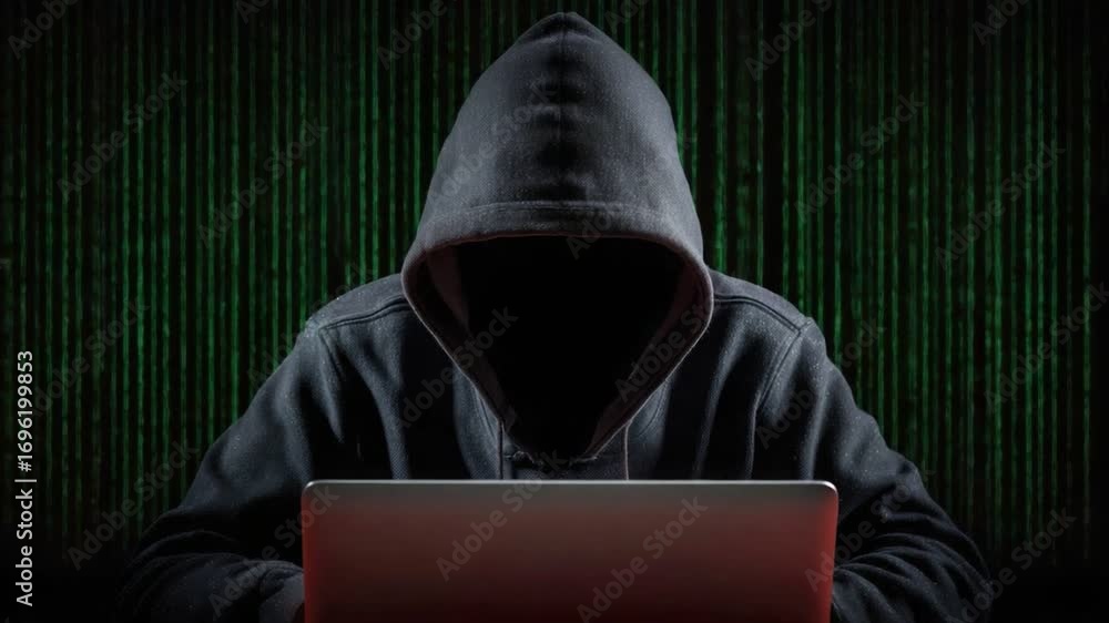 Poster a mysterious hacker in a dark hoodie is focused on a laptop, surrounded by a backdrop of green binar