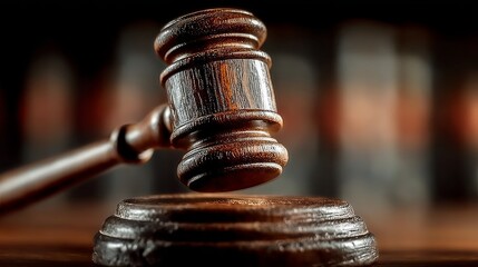 A close-up shot of a judge's wooden gavel in motion about to strike the sounding block in a courtroom setting