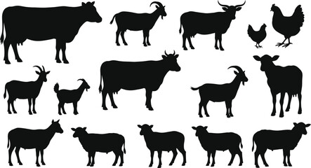 Silhouette of farm animals, including cows, goats, sheep, and chickens, creating a rustic and agricultural scene