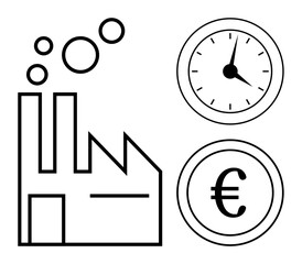Factory emitting smoke, clock showing time, and euro currency highlighting connection between productivity, labor efficiency, and financial management. Ideal for industry, economics, manufacturing