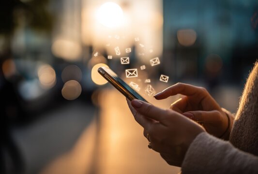 Hands tap on a smartphone, sending digital envelope icons into a blurred cityscape bathed in golden light. Communication and tech themes abound