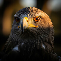Naklejka premium Close up portrait of a majestic eagle with piercing orange eyes