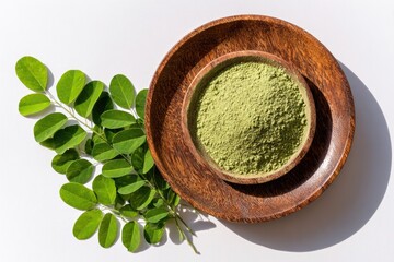 Green powder in wooden bowl, with leaves